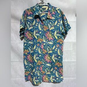 Fitzroy & Willa Dress Women’s XL Blue Floral 100% Cotton Puff Sleeve Button Down